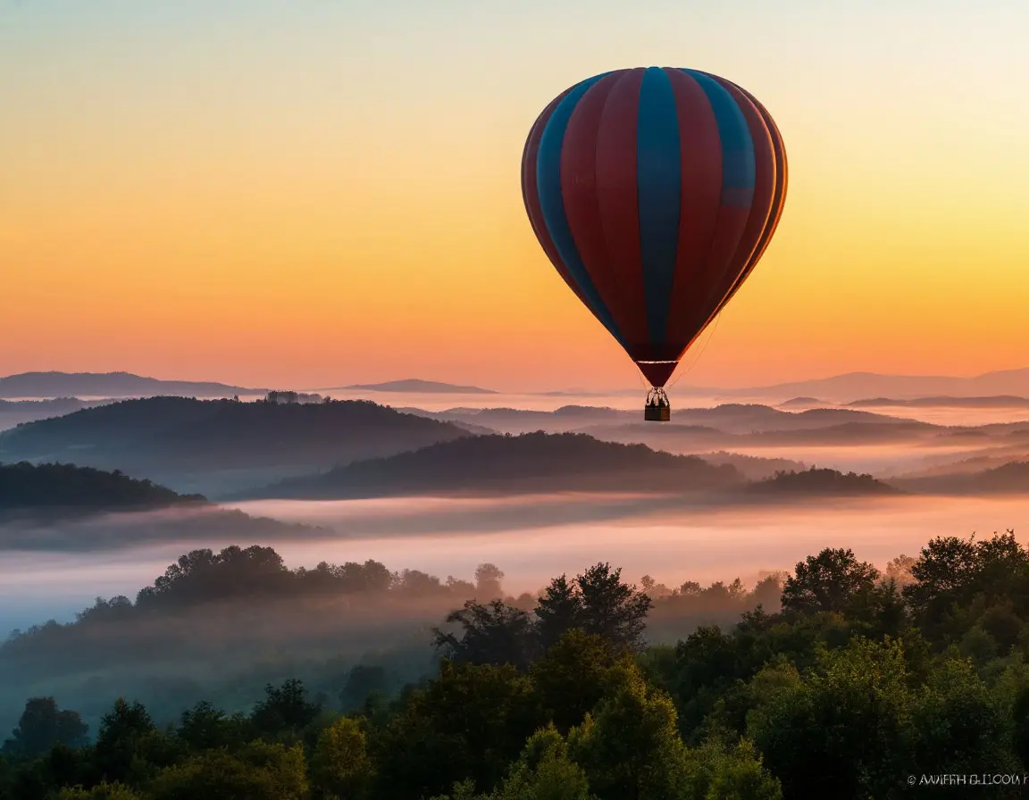 Sunrise balloon flight over hills