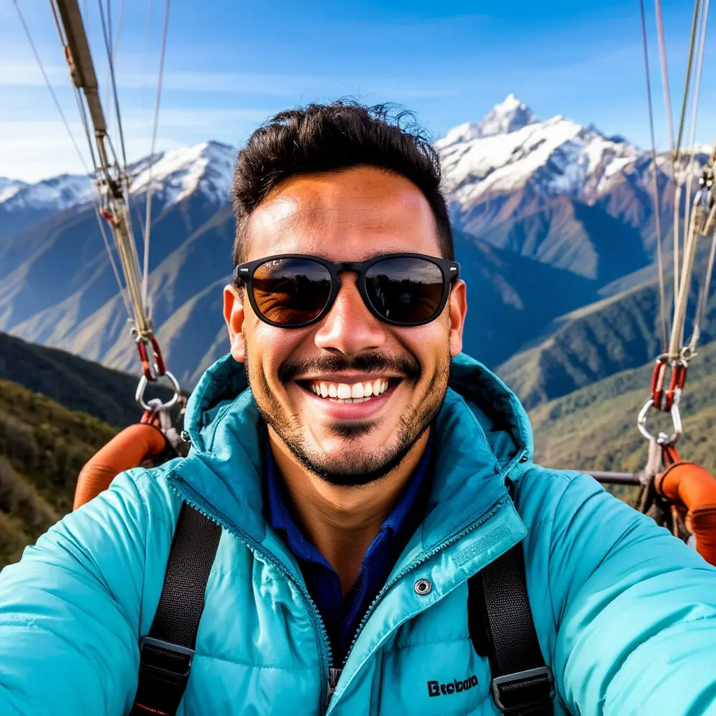 Guest smiling in balloon over mountains