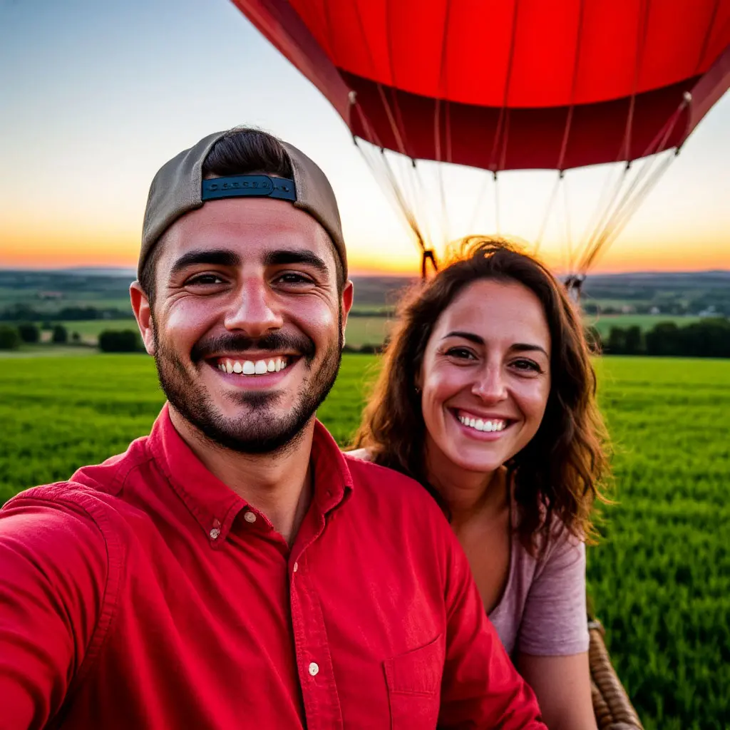 Couple in balloon over fields