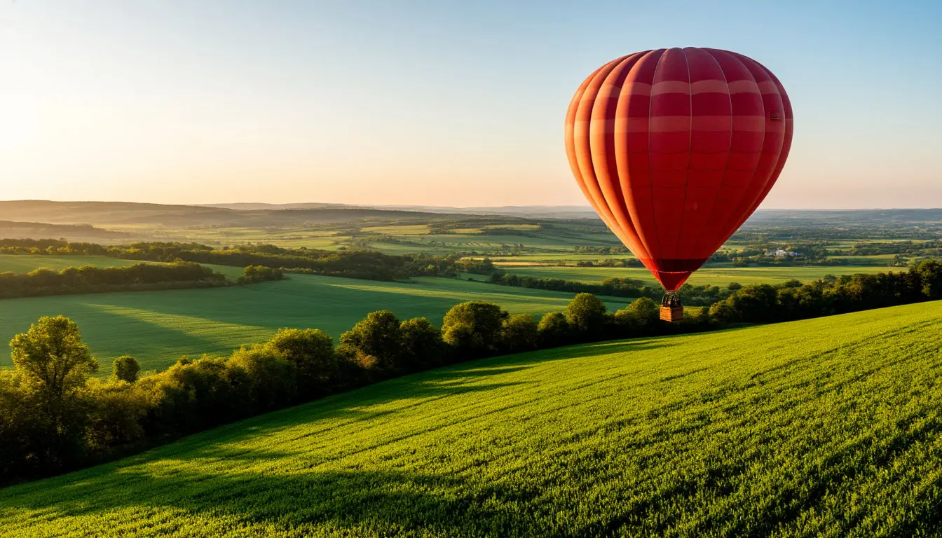 Balloon over serene landscape