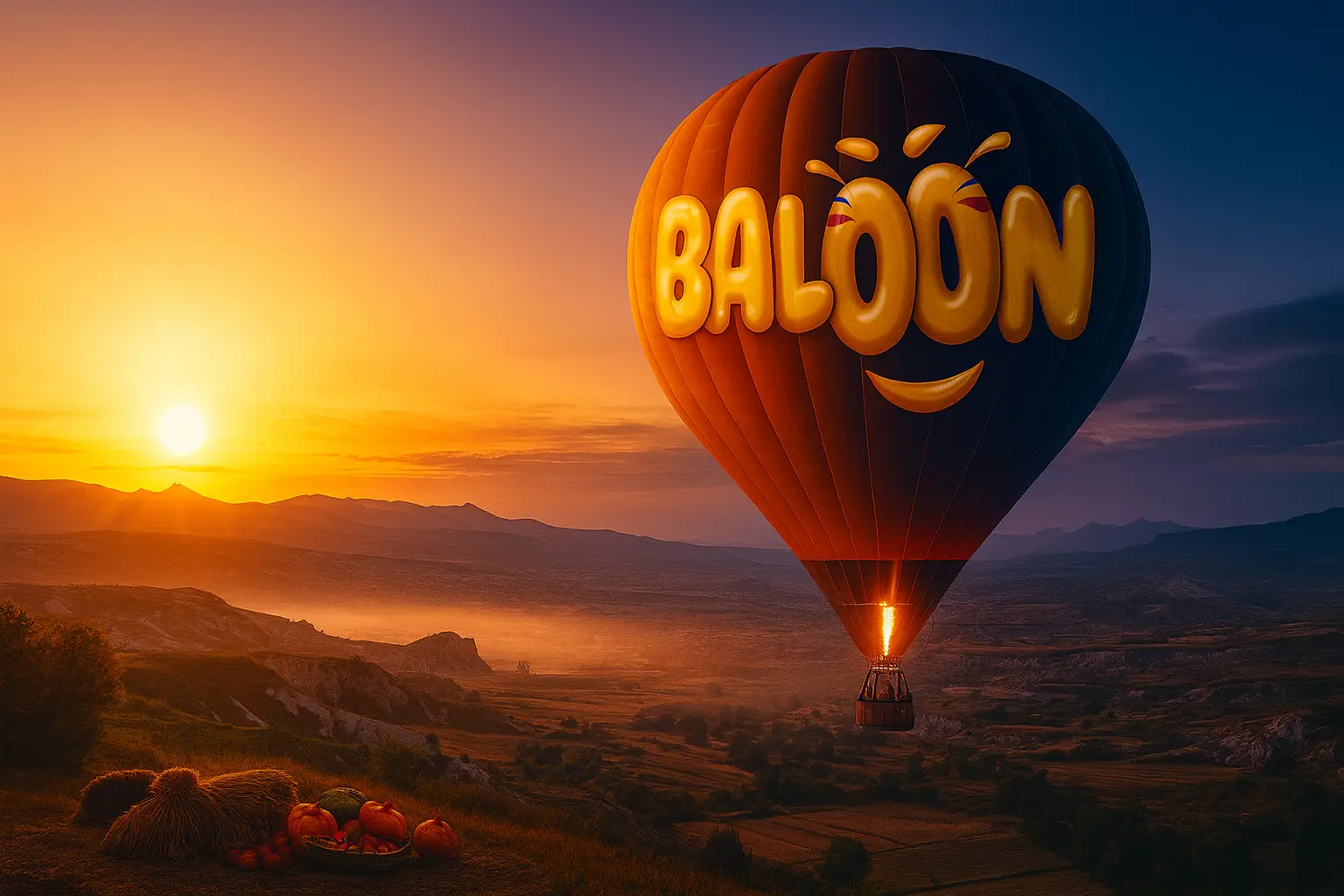 Hot air balloon rising at dawn over fields