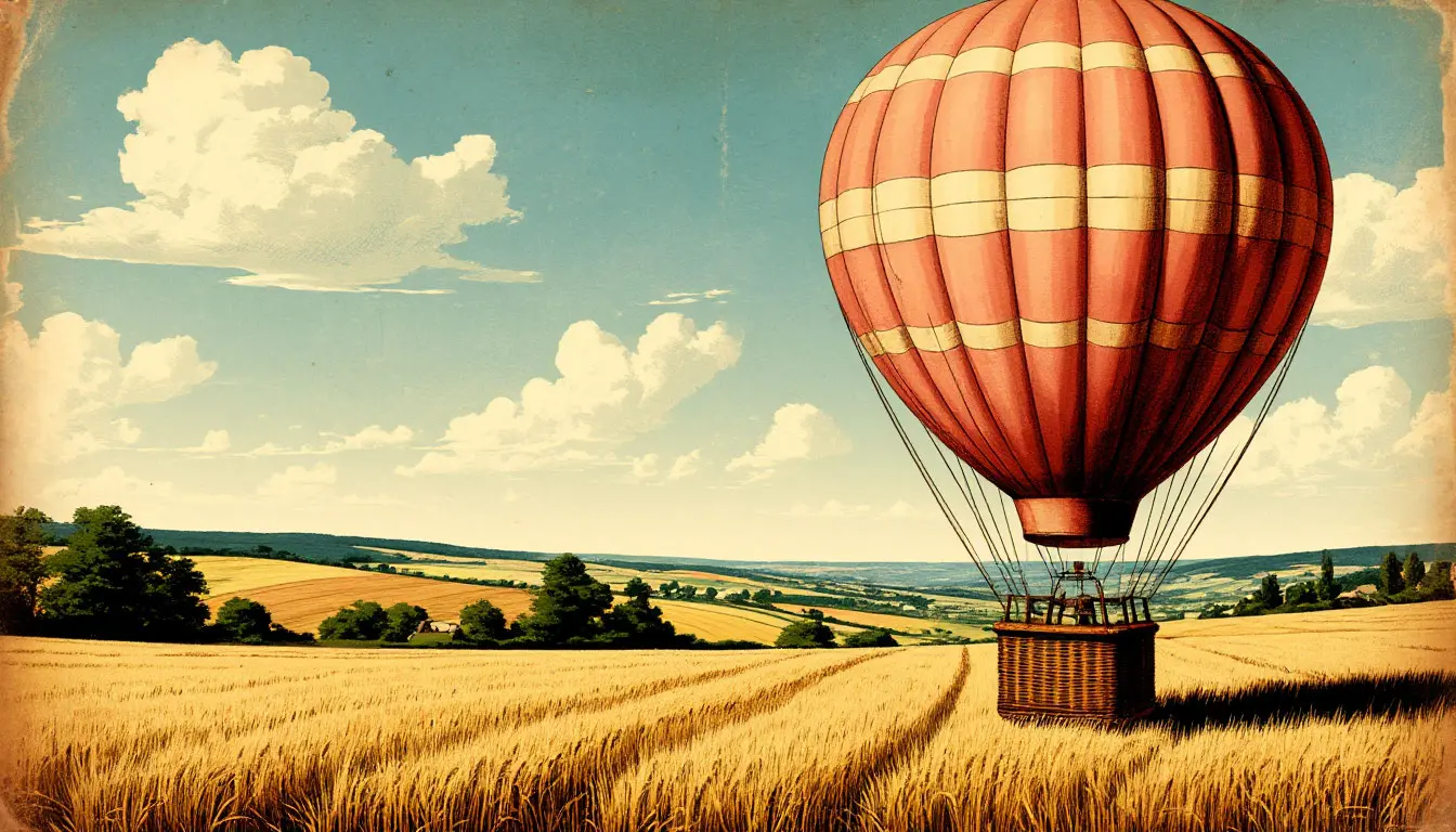Vintage balloon illustration over fields