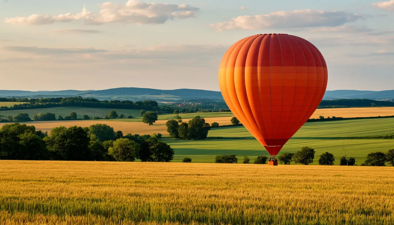 Balloon rising gently over fields