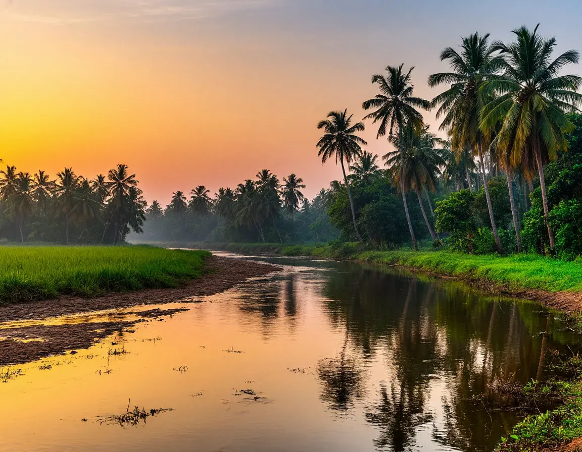 Countryside with rivers and groves at dawn