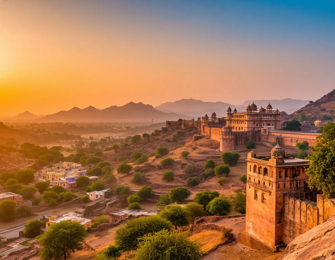 Scenery with forts and desert edges at sunrise