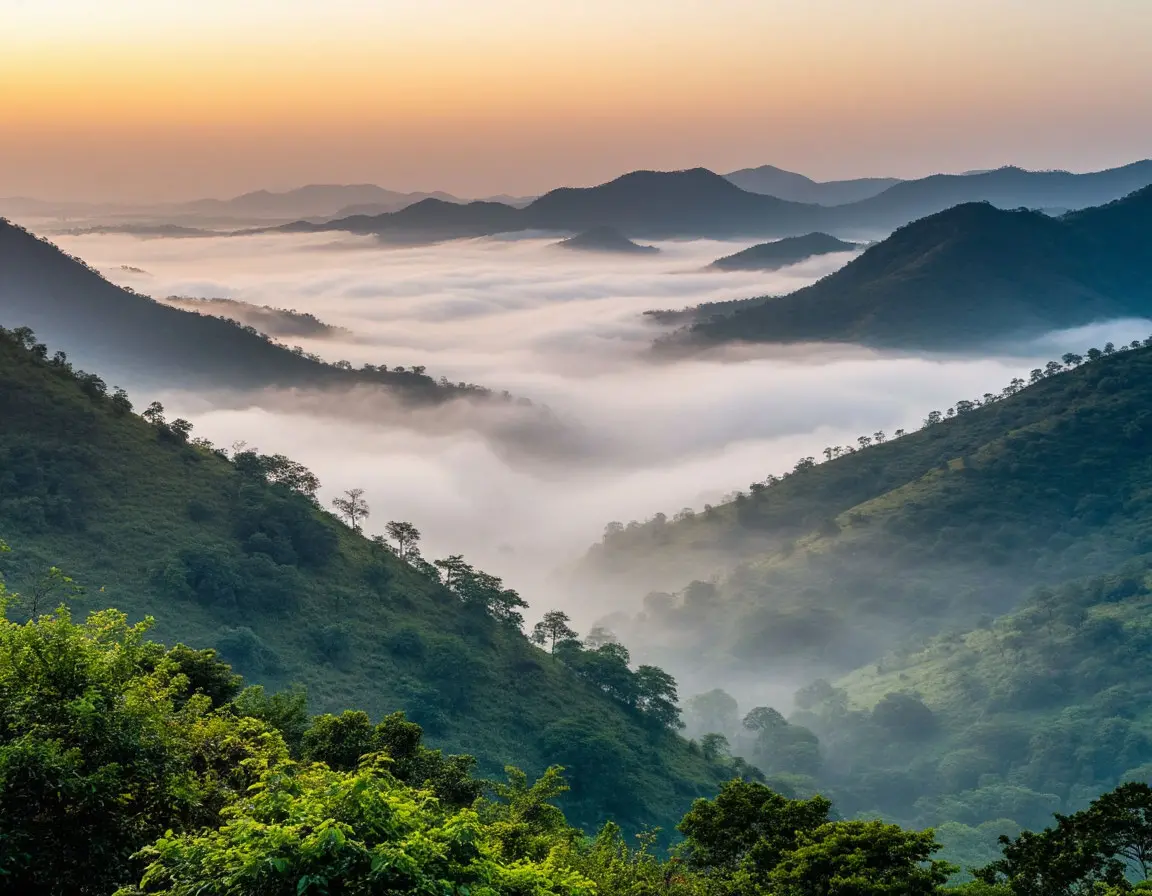 Valleys and hills with soft morning mist