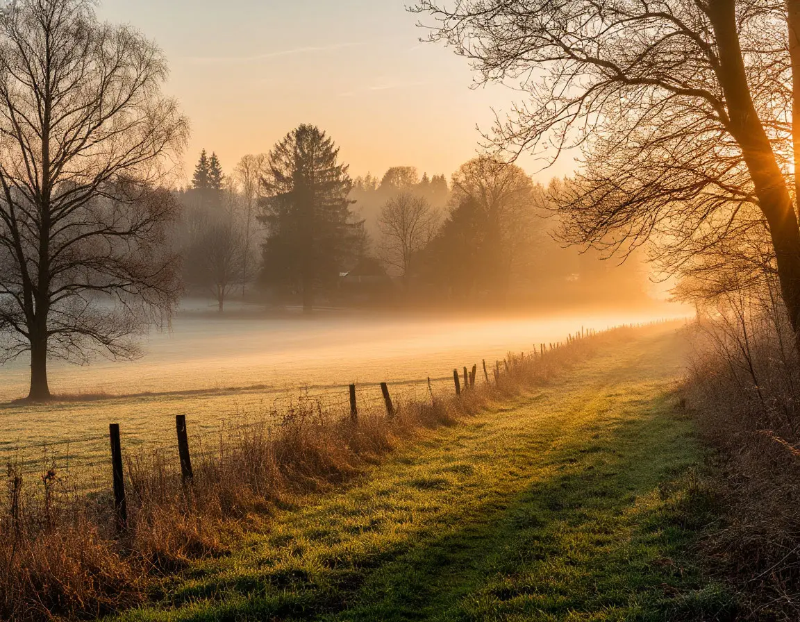 Early spring countryside with gentle haze and warm light