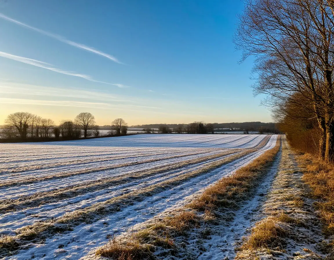 Crisp winter morning with clear sky over fields