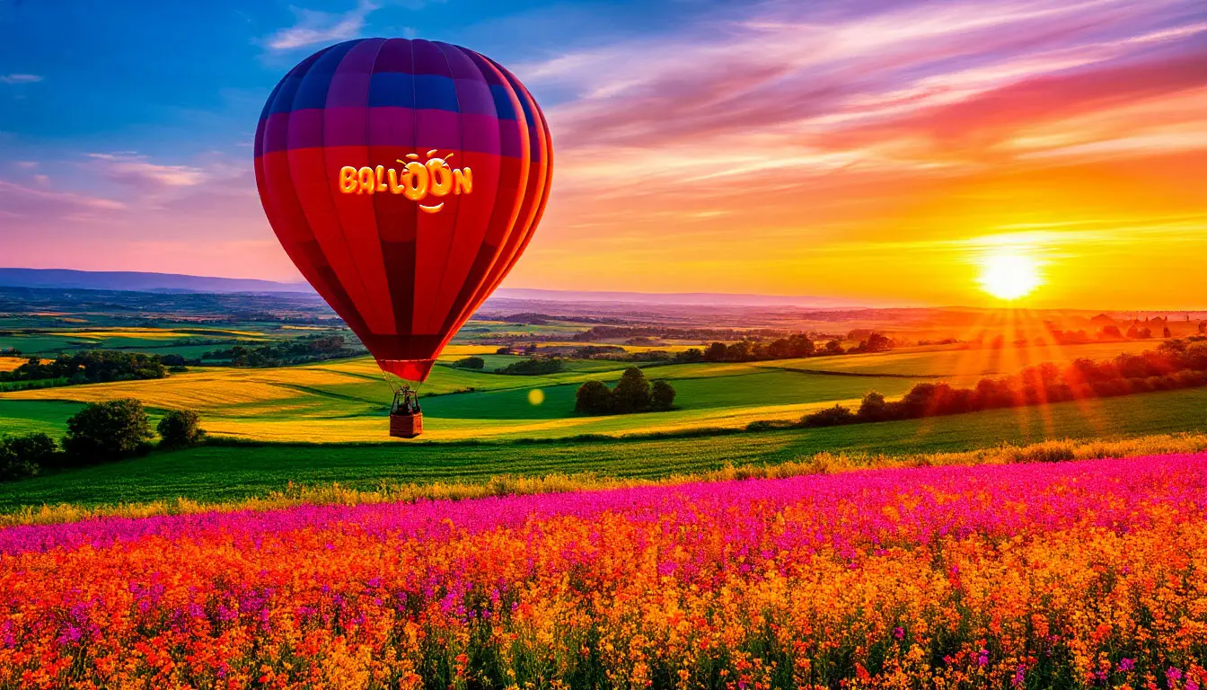 Balloon soaring over colorful landscape