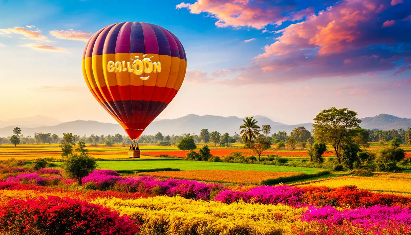 Balloon soaring over colorful landscape