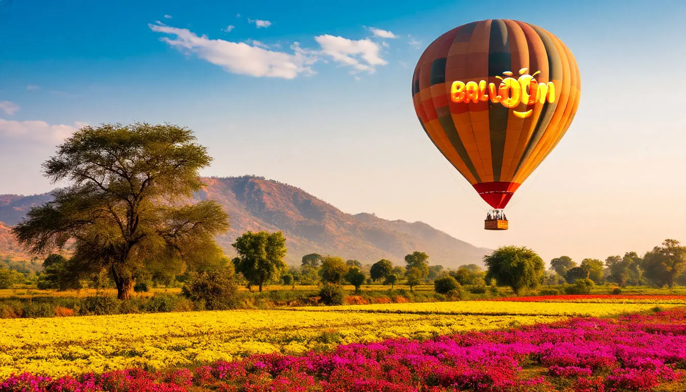 Balloon soaring over colorful  landscape