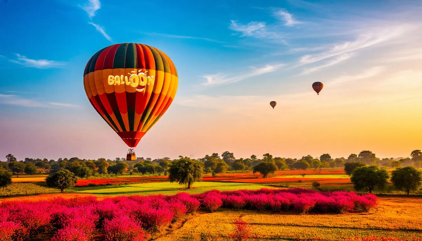Balloon soaring over colorful  landscape