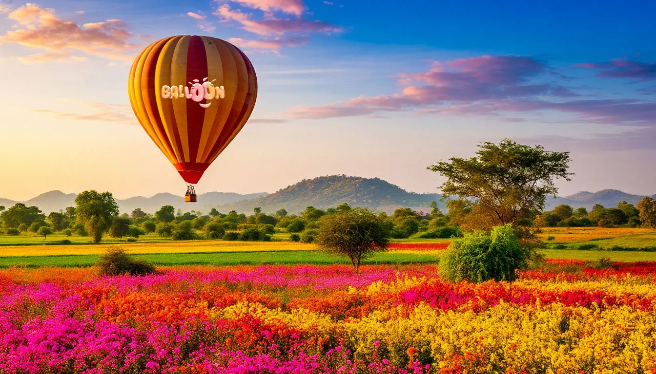 Balloon soaring over colorful landscape