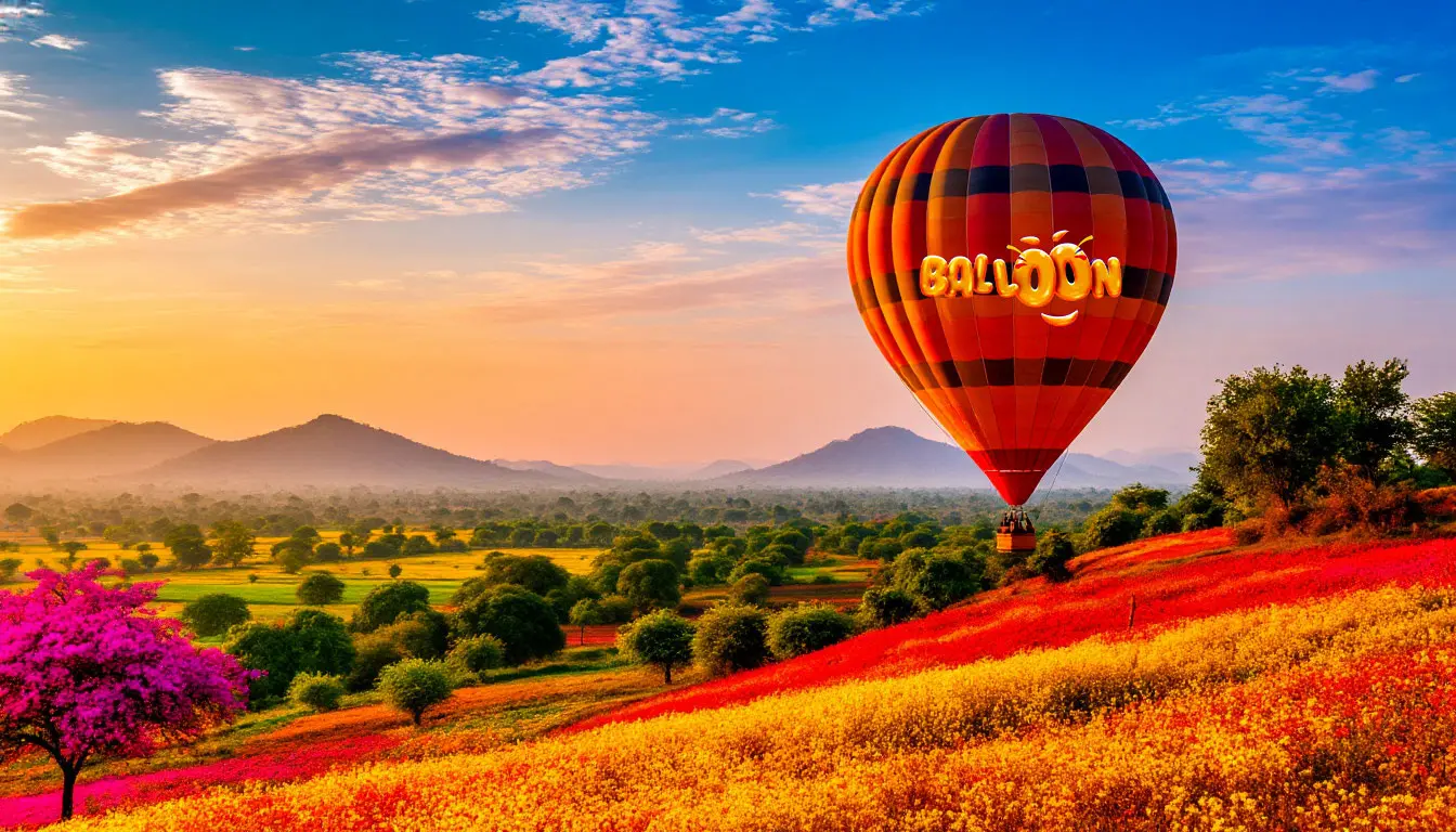 Balloon soaring over colorful landscape