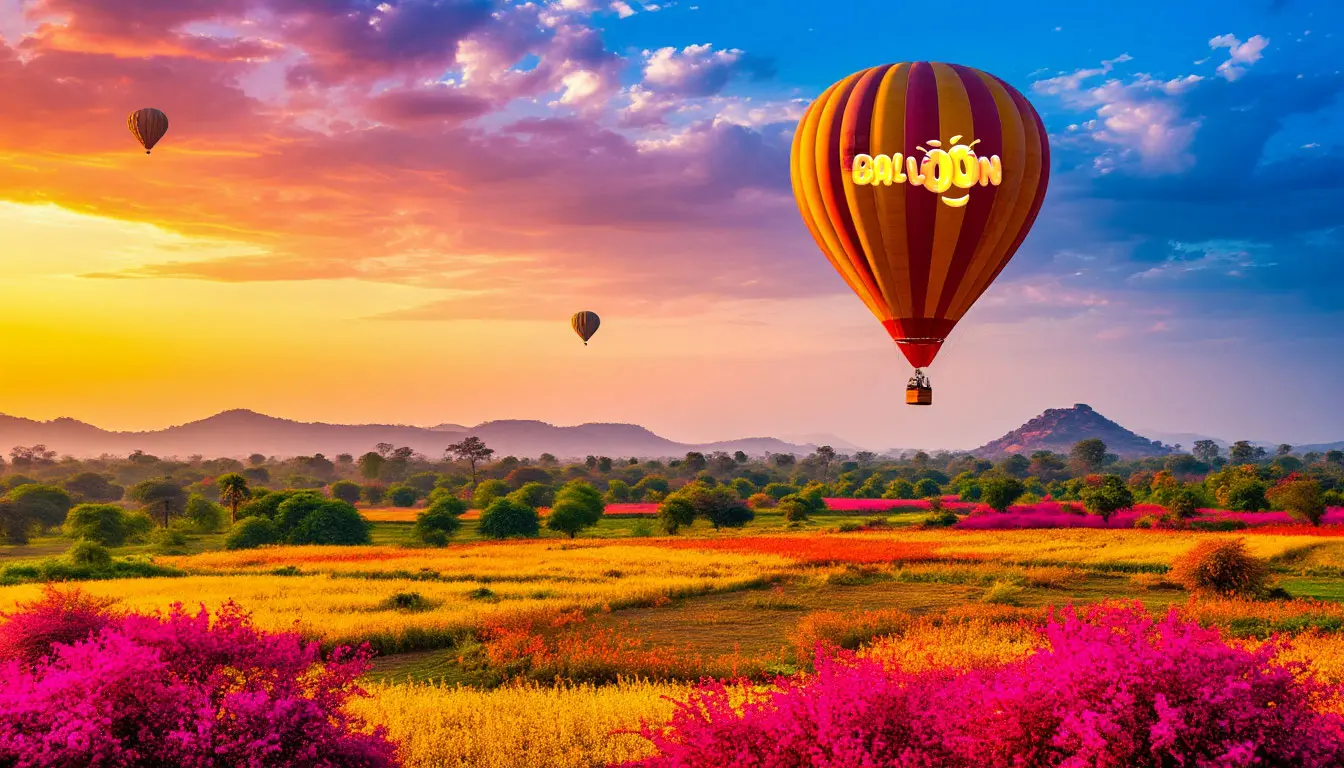 Balloon soaring over colorful landscape