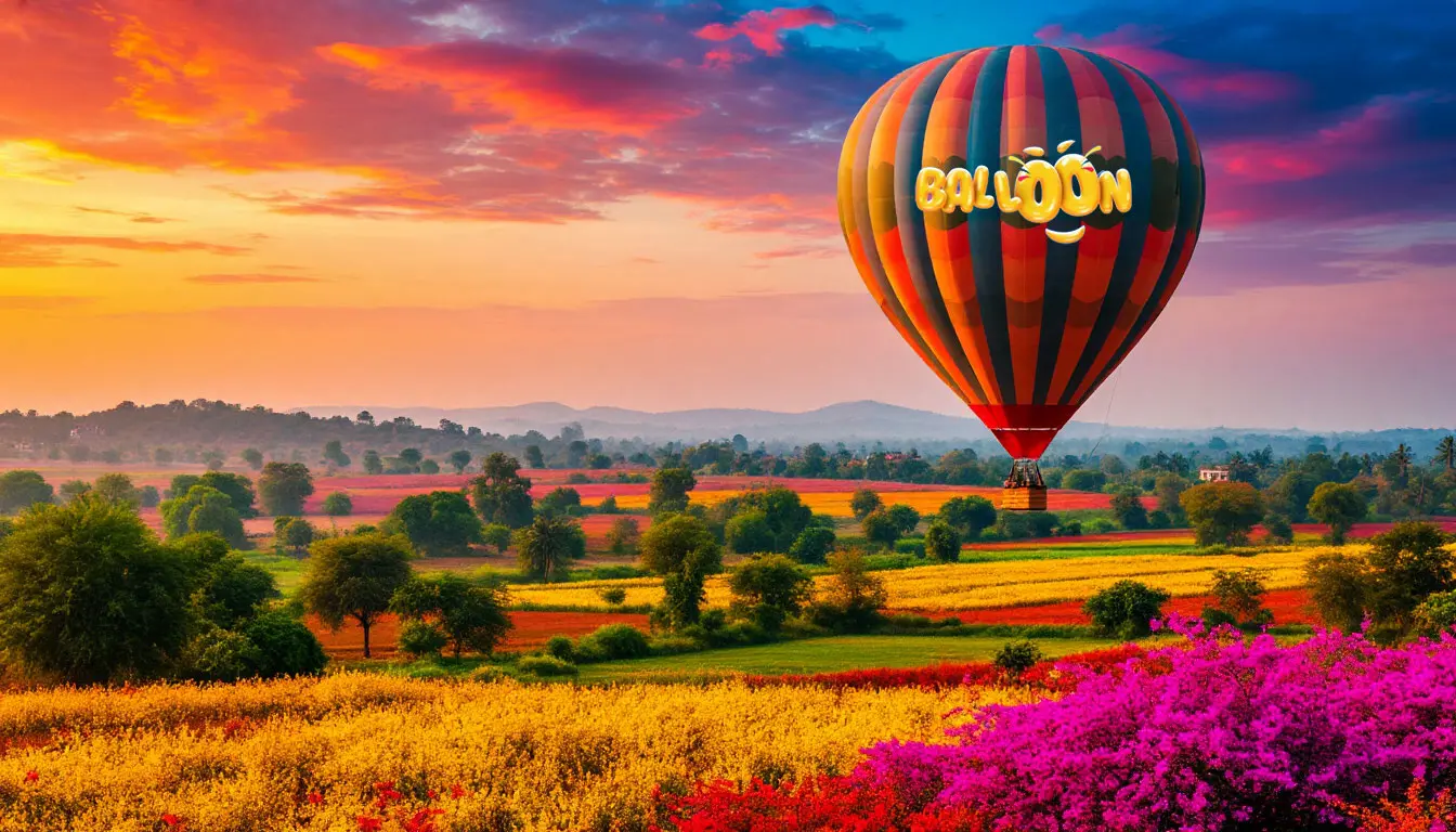 Balloon soaring over colorful landscape