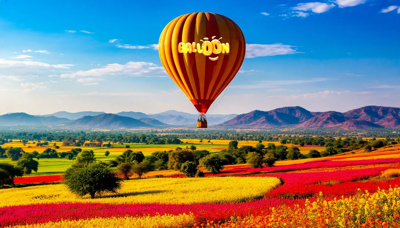 Balloon soaring over colorful landscape