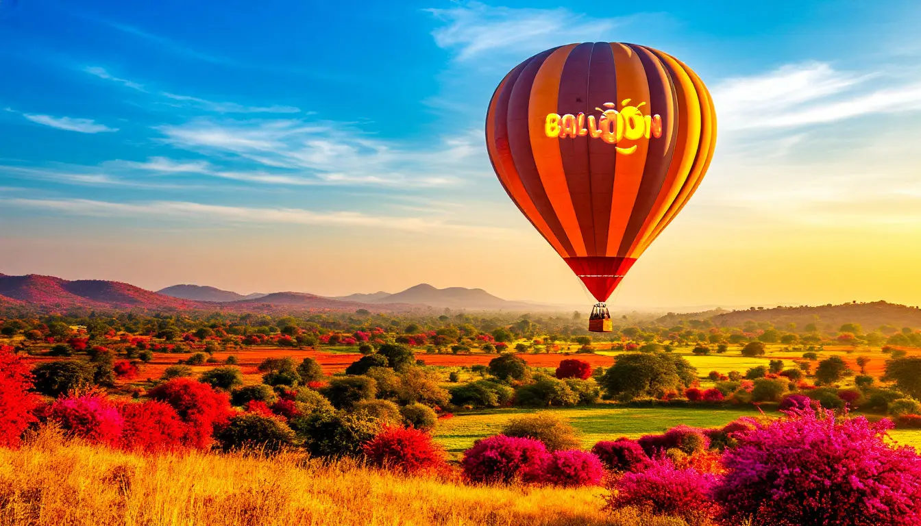 Balloon soaring over colorful landscape