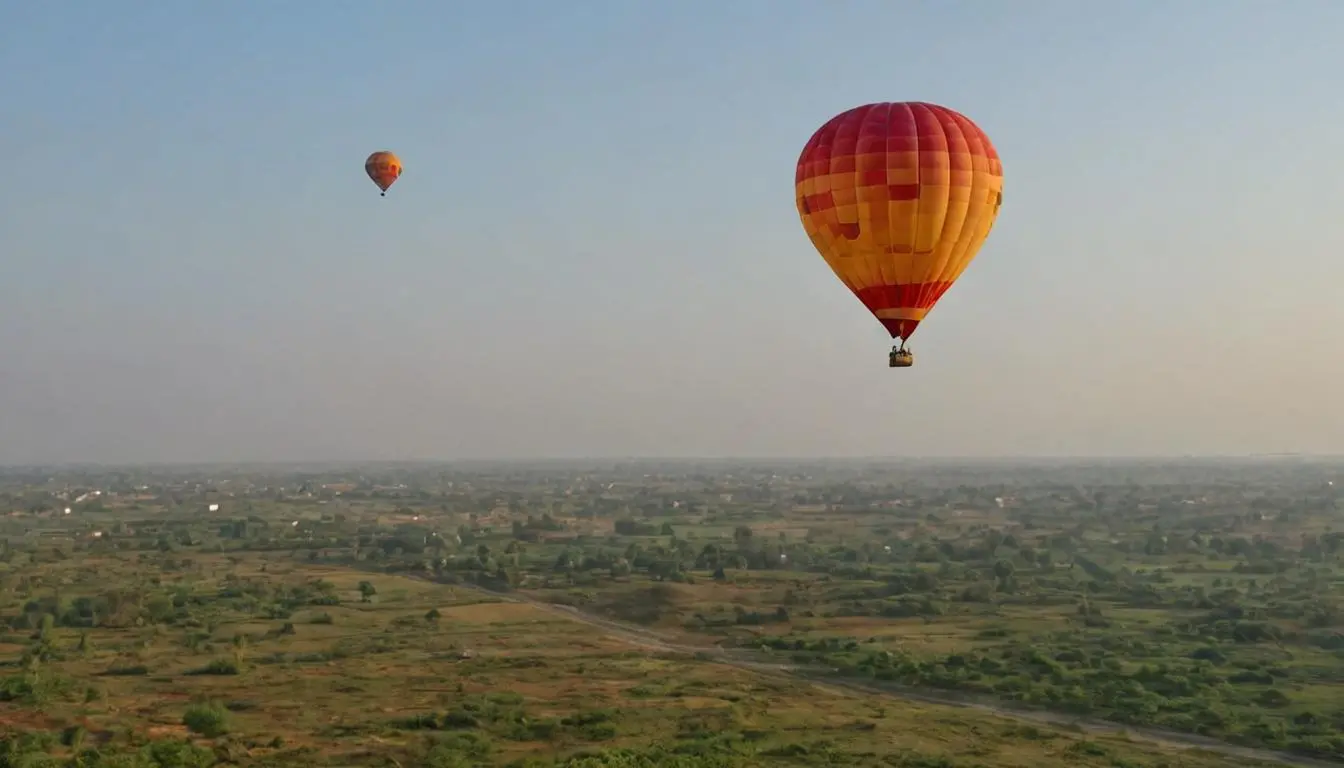 Balloon soaring over colorful landscape