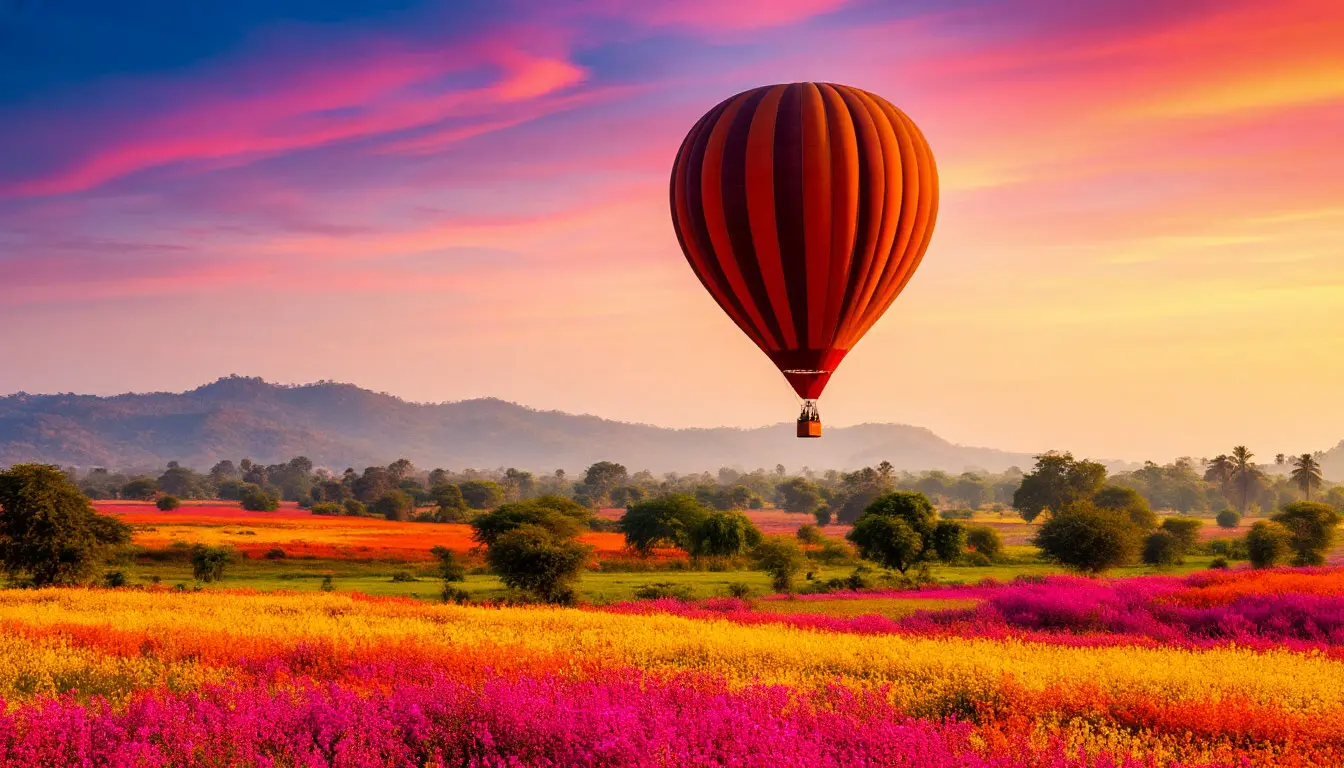 Balloon soaring over colorful landscape