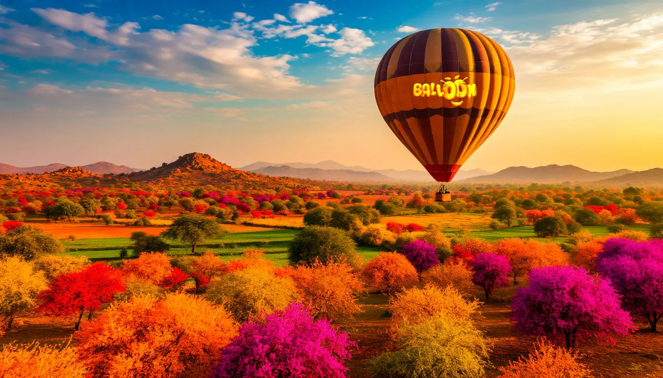 Balloon soaring over colorful landscape
