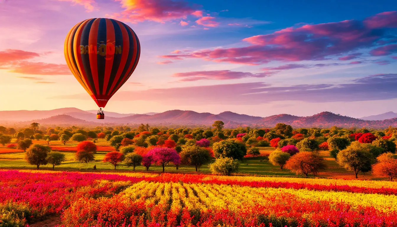 Balloon soaring over colorful landscape