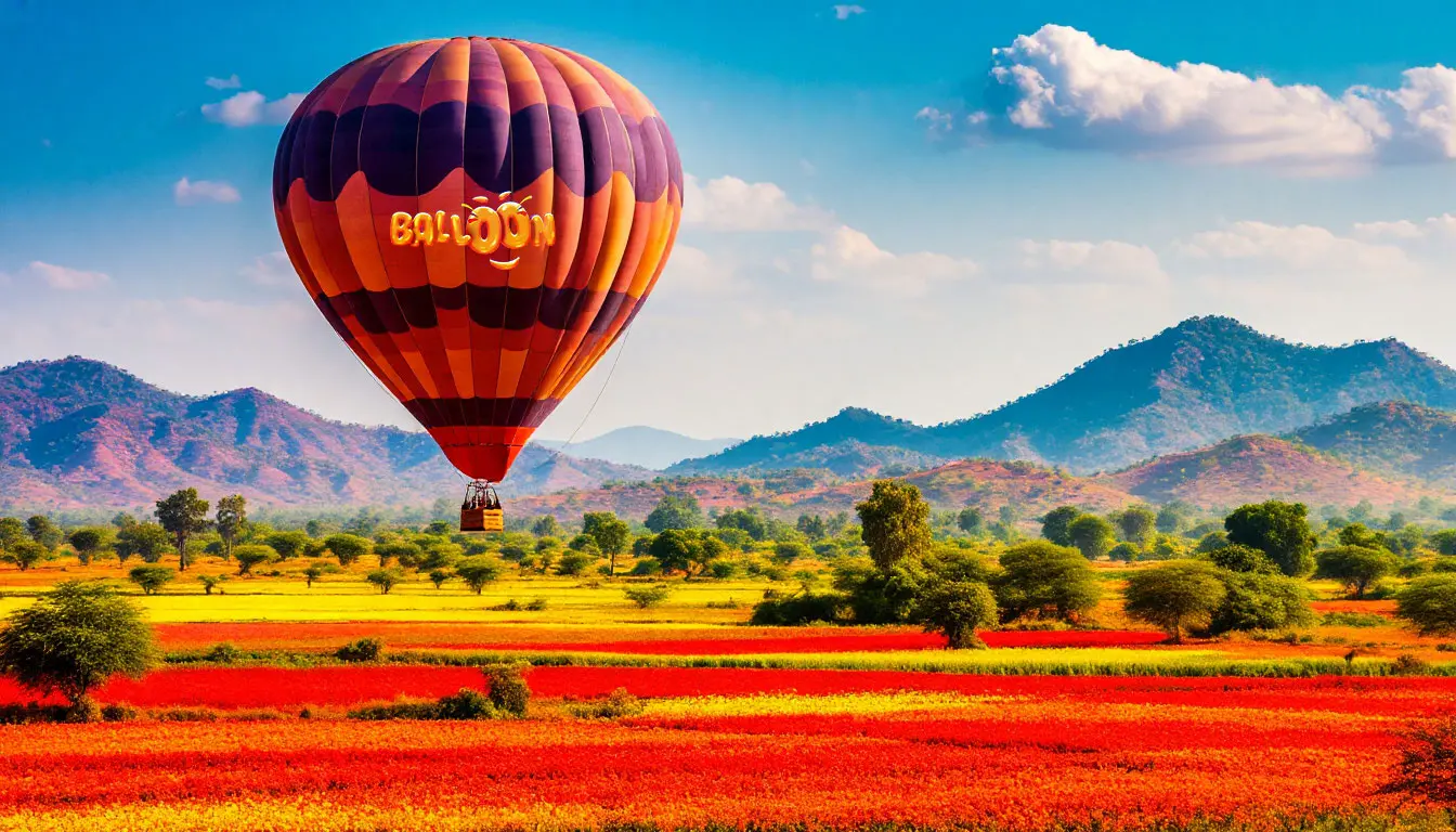 Balloon soaring over colorful landscape