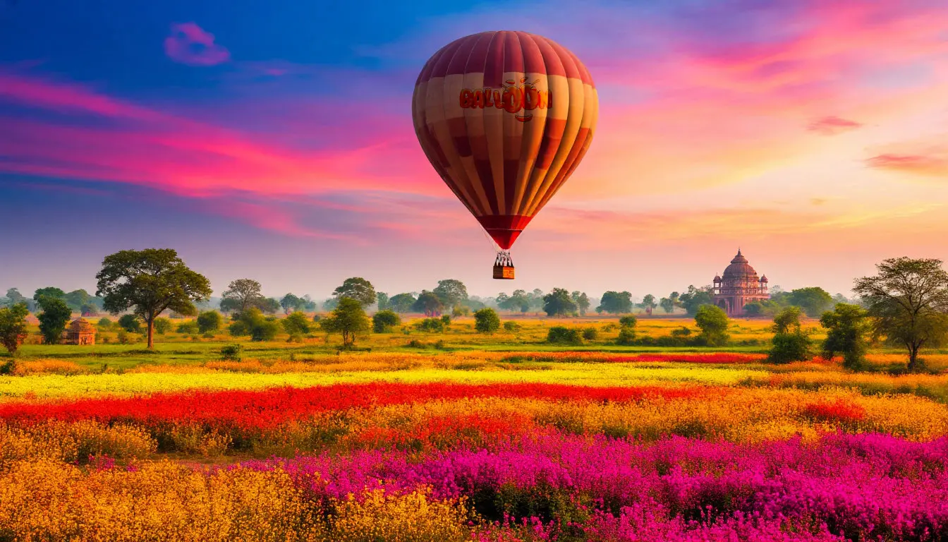 Balloon soaring over colorful landscape