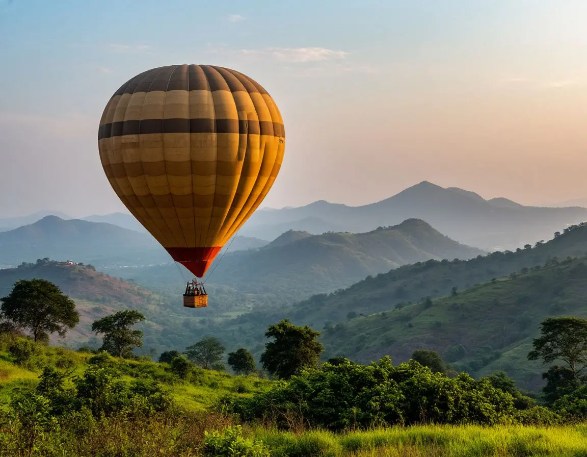 Balloon over lush hills