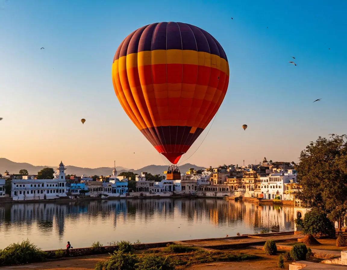 Balloon over serene lake
